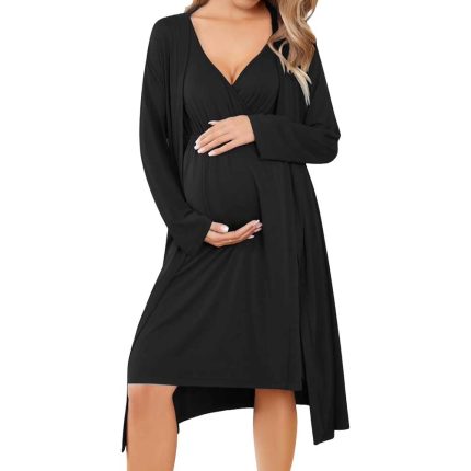 Black Maternity Nursing Sleep Shirt & Nightgown – Soft Comfortable Pregnancy Nightwear