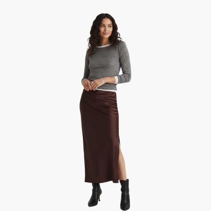 Chocolate Brown Women’s Satin Silk Maxi Slit Skirt – Elegant High-Waist Long Skirt